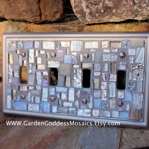 Mosaic light switch cover wall plates stained glass decor Grey Silver white art tile Toggle Rocker Gfi custom Brushed Nickel MADE To ORDER QUAD Toggle