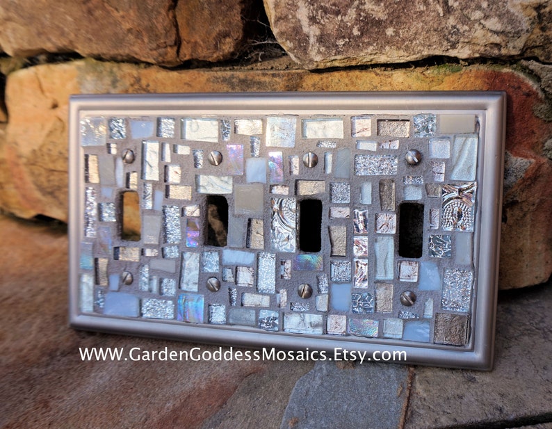Mosaic light switch cover wall plates stained glass decor Grey Silver white art tile Toggle Rocker Gfi custom Brushed Nickel MADE To ORDER QUAD Toggle