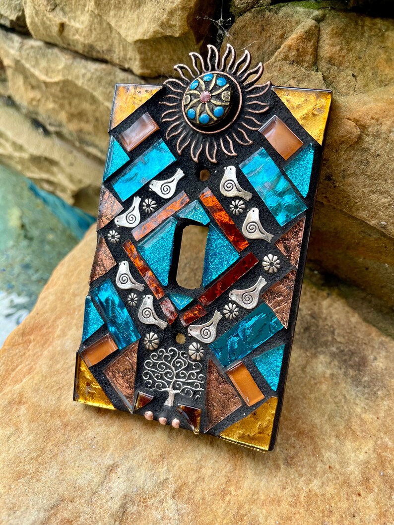 Mosaic Light switch plate covers, single toggle, Birds Tree of life Sun, stained glass decor Beach ceramic tiles turquoise mix Art image 4