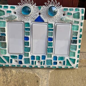 Mosaic light switch plates Sun fish Beach Home Decor stained glass Turquoise art Beautiful colors image 3