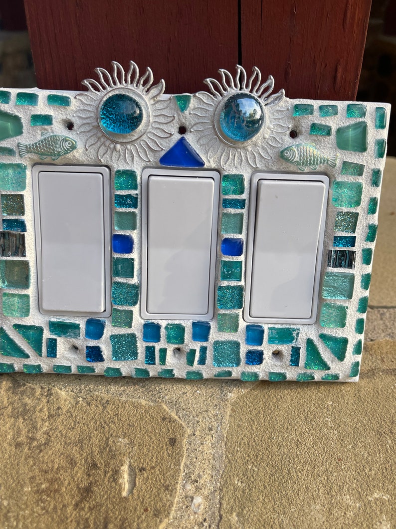 Mosaic light switch plates Sun fish Beach Home Decor stained glass Turquoise art Beautiful colors image 3