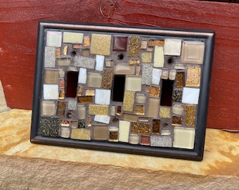 Mosaic light switch plate Multiple sizes wall plug  stained glass decor tiles neutrals  Oil rubbed bronze frame MADE TO ORDER