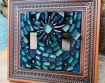 Mosaic light switch plate Sun star copper Beach Home Decor stained glass Turquoise art Double Toggle   Beautiful colors