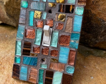 Mosaic light switch plate cover stained glass copper blues CUSTOM ART