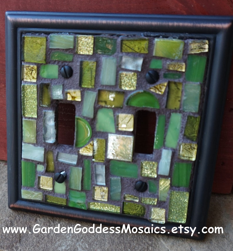 Mosaic light switch plates cover stained glass decor art tiles Toggle custom ocean colors Orb metal aged bronze CUSTOM MADE To ORDER image 4