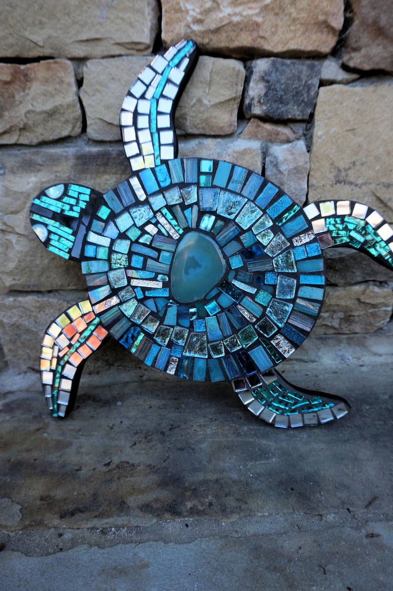 Mosaic Turtle Wall hanging logger head Sea art BLUE stained glass decor mirrored ceramic agate tile CUSTOM Made to Order