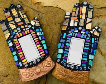 HAND Art meditate Mosaic Light Switch plates Evil eye rocker stained glass blue Purple