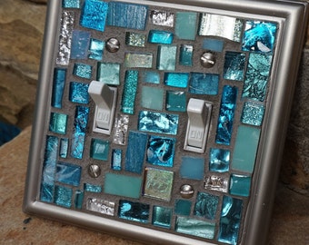 Mosaic light switch plates cover stained glass decor art tiles Toggle custom blue ocean colors Brushed nickel metal
