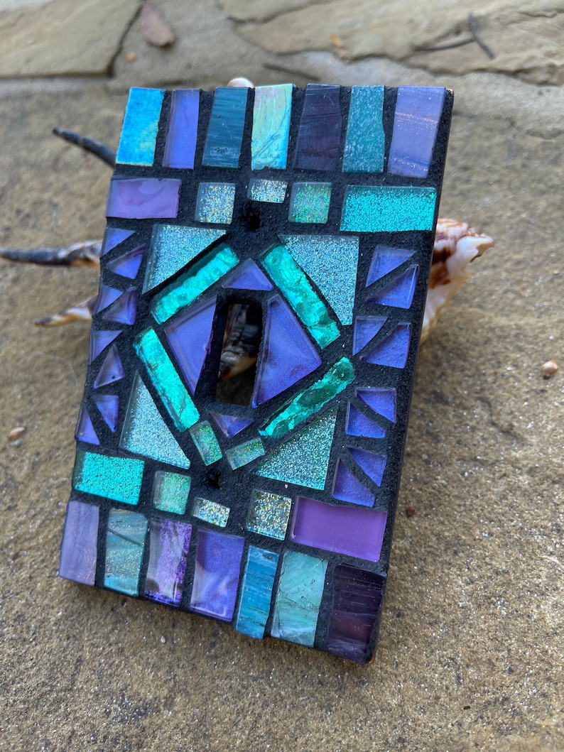 Mosaic light switch plate cover stained glass purple teal blues CUSTOM ART image 1