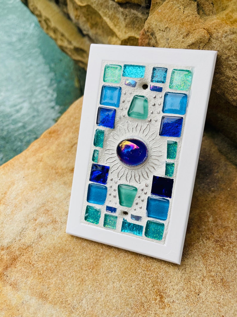 Mosaic Beach Light switch plates BLANK BLUES SUN stained glass functional art custom image 8