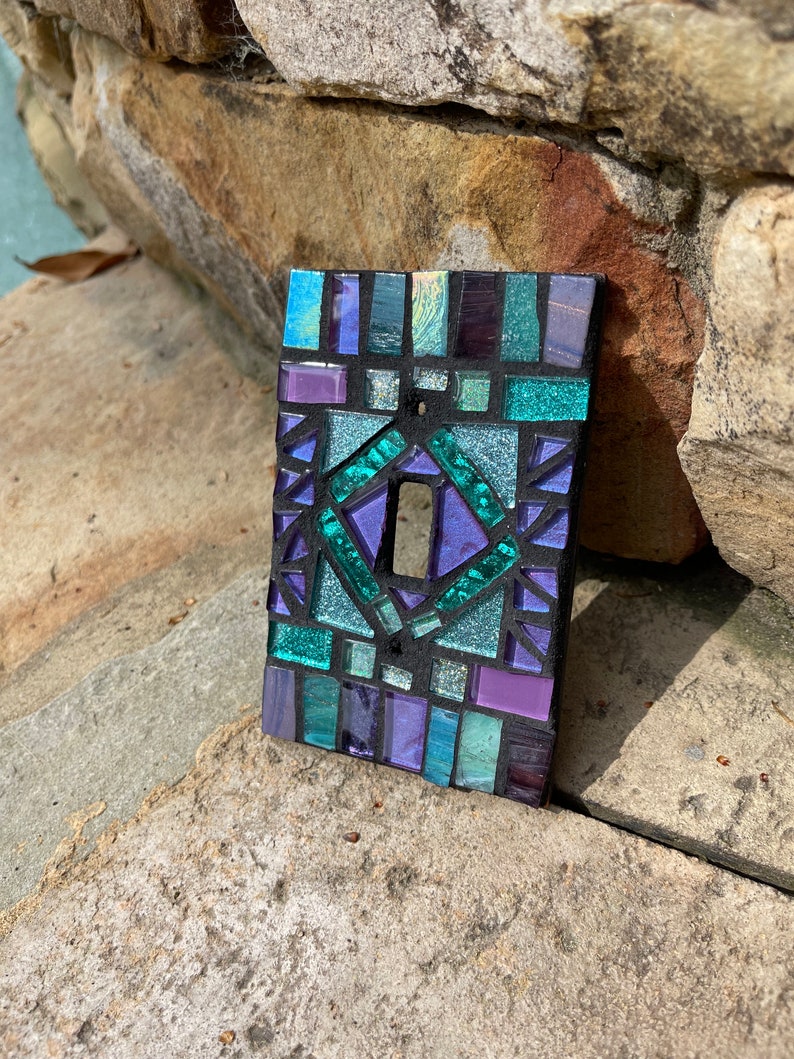 Mosaic light switch plate cover stained glass purple teal blues CUSTOM ART image 5