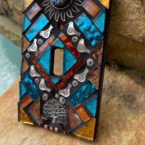 Mosaic Light switch plate covers, single toggle, Birds Tree of life Sun, stained glass decor Beach ceramic tiles turquoise mix Art image 8