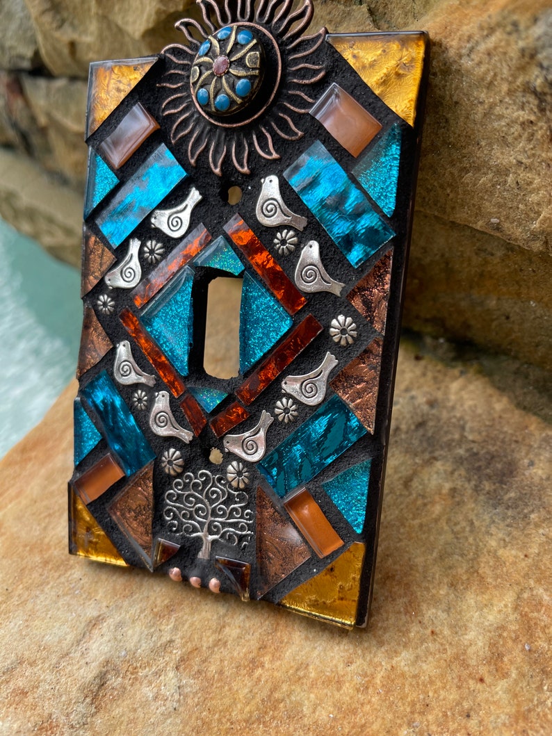 Mosaic Light switch plate covers, single toggle, Birds Tree of life Sun, stained glass decor Beach ceramic tiles turquoise mix Art image 8