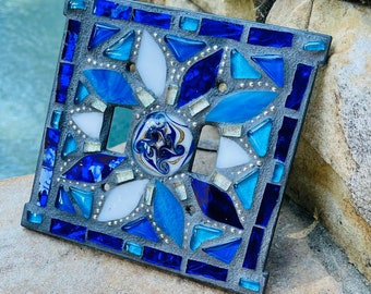 Mosaic Light Switch plate covers Blue mix Tiffany  stained glass mixed beaded metal frame