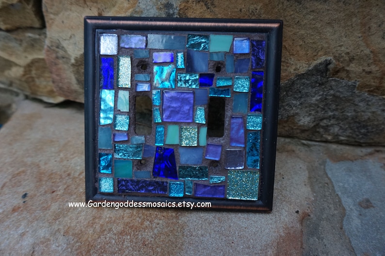 Mosaic light switch plates cover stained glass decor art tiles Toggle custom ocean colors Orb metal aged bronze CUSTOM MADE To ORDER image 9