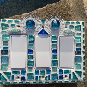 Mosaic light switch plates Sun fish Beach Home Decor stained glass Turquoise art Beautiful colors image 7