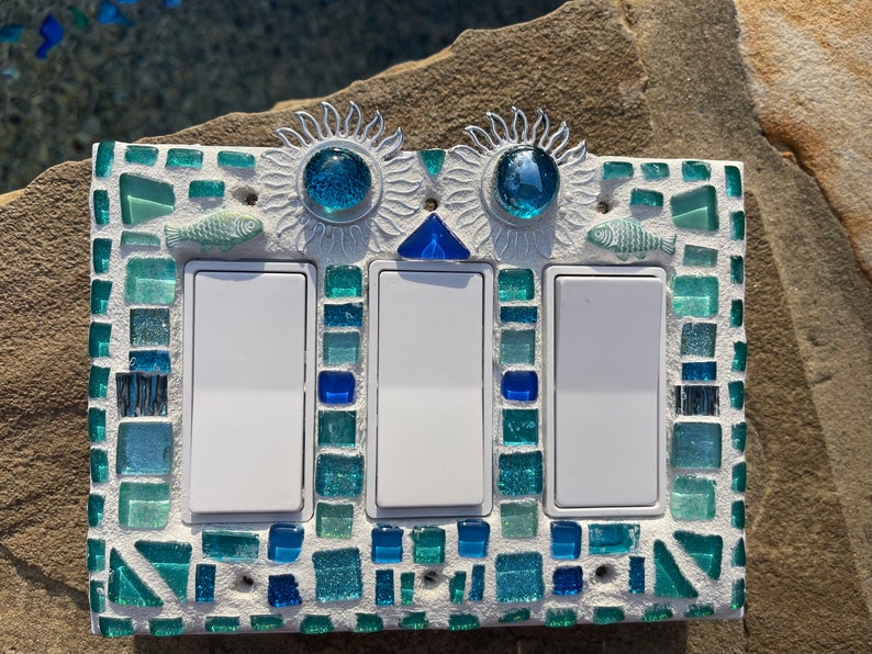 Mosaic light switch plates Sun fish Beach Home Decor stained glass Turquoise art Beautiful colors image 7