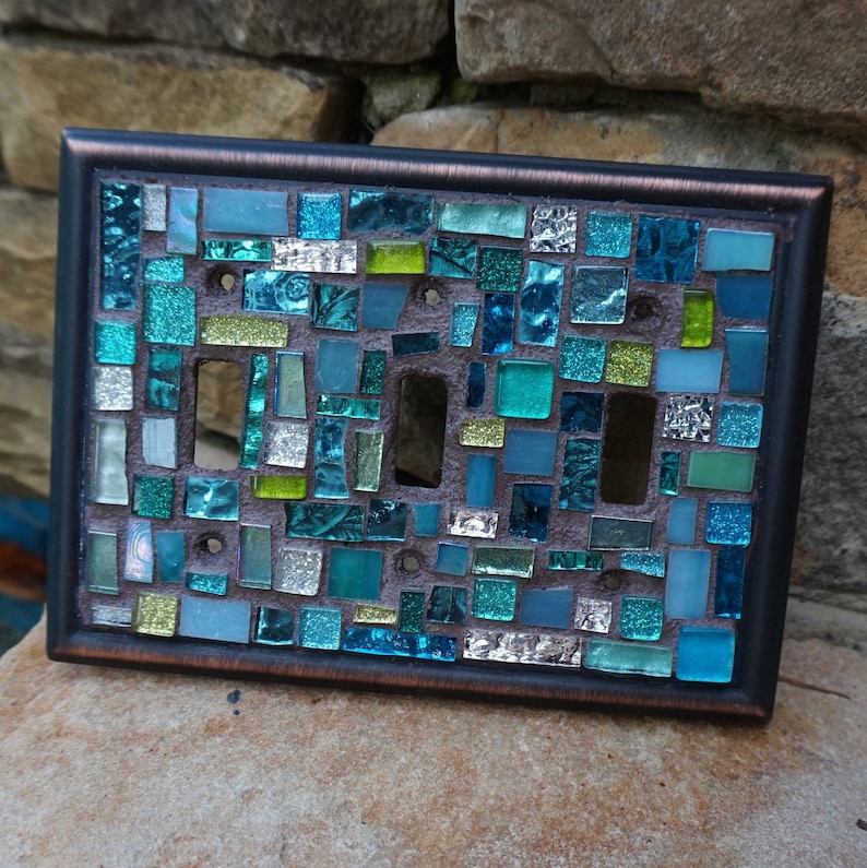 Mosaic light switch plates cover stained glass decor art tiles Toggle custom ocean colors Orb metal aged bronze CUSTOM MADE To ORDER image 2