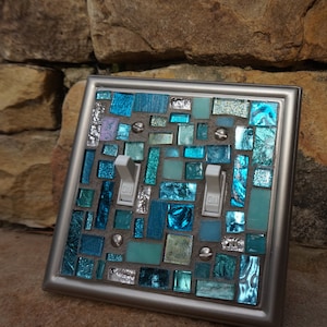 Mosaic light switch plates cover stained glass decor art tiles Toggle custom blue ocean colors Brushed nickel metal image 7