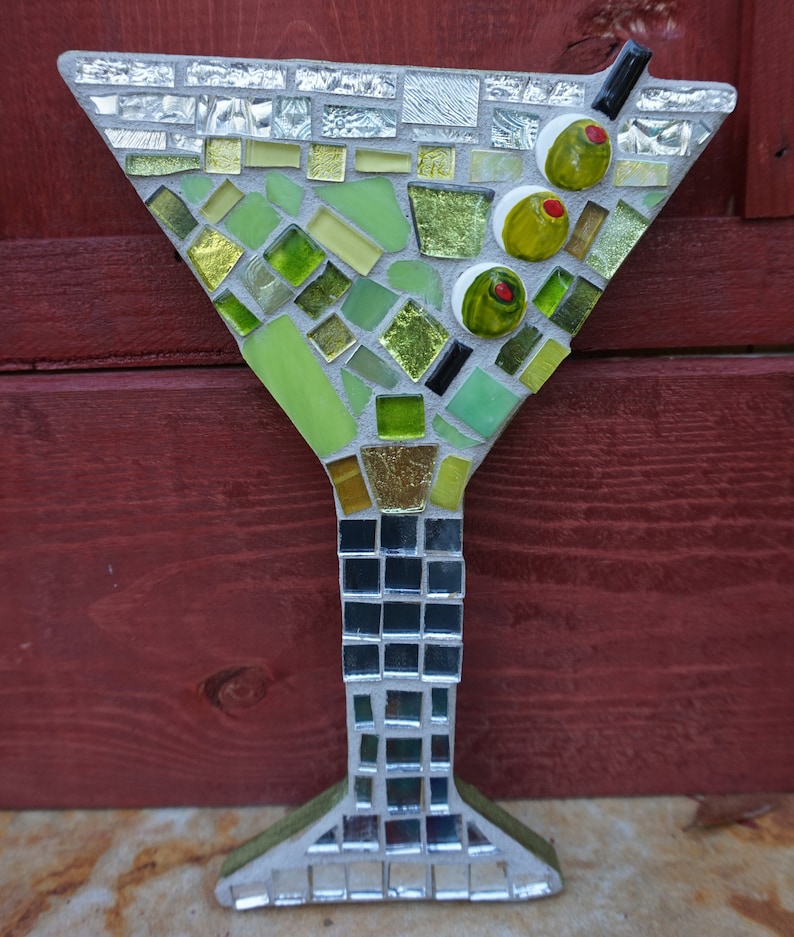 Martini Mosaic stained Glass decor Art, cocktails, wall hanging, olives ceramic tiles, CUSTOM MADE to ORDER image 3