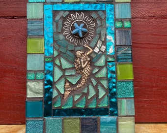 Wall ART Mermaid Beach mini Mosaic  7”x 5" stained glass decor Ready to ship gift idea.