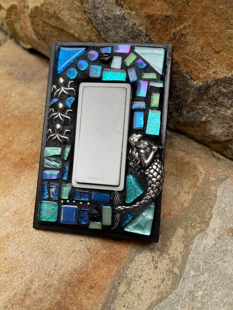 Mosaic Light Switch cover plates Mermaid ROCKER stained glass decor Beach ceramic tiles turquoise mix art image 5