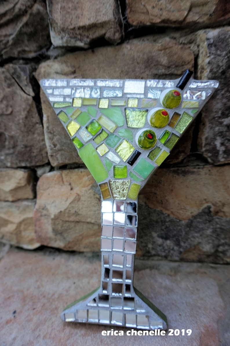 Martini Mosaic stained Glass decor Art, cocktails, wall hanging, olives ceramic tiles, CUSTOM MADE to ORDER image 5