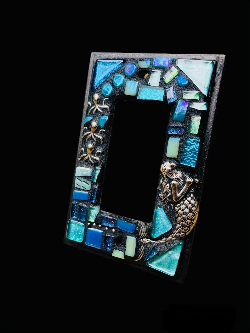Mosaic Light Switch cover plates Mermaid ROCKER stained glass decor Beach ceramic tiles turquoise mix art image 1