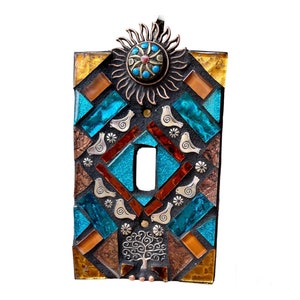 Mosaic Light switch plate covers, single toggle, Birds Tree of life Sun, stained glass decor Beach ceramic tiles turquoise mix Art image 2