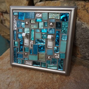 Mosaic light switch plates cover stained glass decor art tiles Toggle custom blue ocean colors Brushed nickel metal image 8