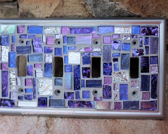 Mosaic light switch plates cover stained glass decor Purple silver art tiles Toggle custom colors Brushed Nickel