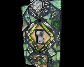 Mosaic light switch plates cover stained glass decor art tiles Toggle custom colors Green Birds tree of life