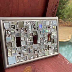 Mosaic light switch cover wall plates stained glass decor Grey Silver white art tile Toggle Rocker Gfi custom Brushed Nickel MADE To ORDER Triple Toggle