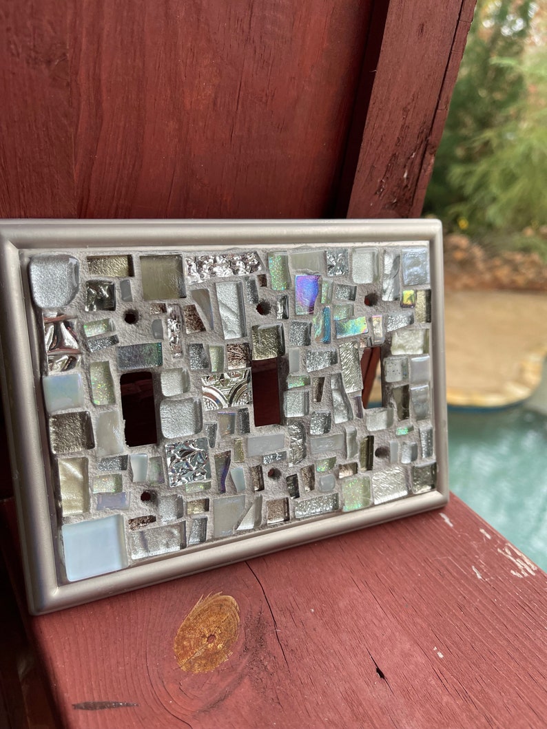 Mosaic light switch cover wall plates stained glass decor Grey Silver white art tile Toggle Rocker Gfi custom Brushed Nickel MADE To ORDER Triple Toggle