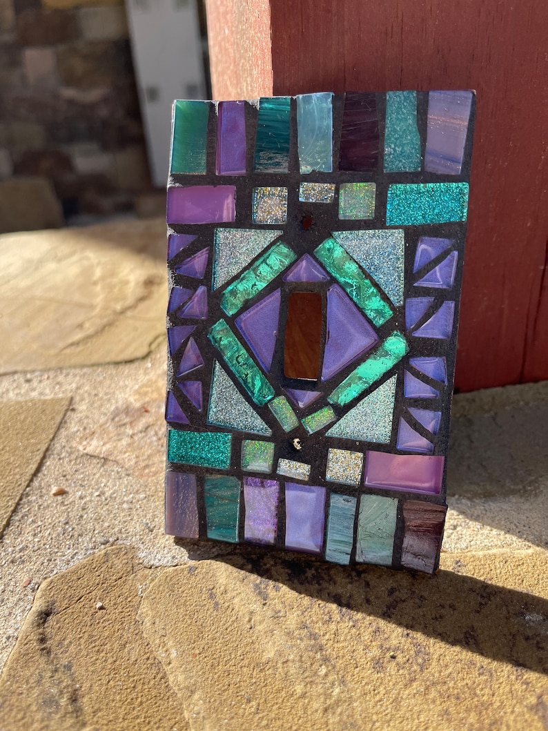 Mosaic light switch plate cover stained glass purple teal blues CUSTOM ART image 4