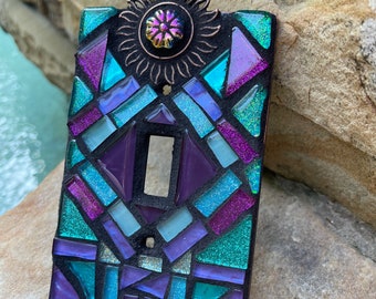 Mosaic Light switch covers single covers stained glass decor Beach ceramic tiles turquoise mix Art