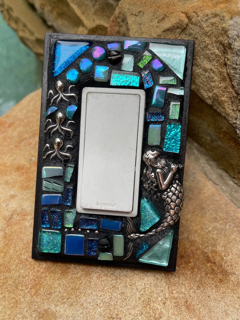 Mosaic Light Switch cover plates Mermaid ROCKER stained glass decor Beach ceramic tiles turquoise mix art image 6