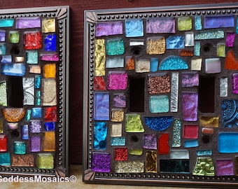 Mosaic light switch plates cover stained glass Rainbow decor art tiles Toggle custom colors Bronze