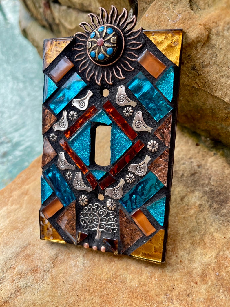 Mosaic Light switch plate covers, single toggle, Birds Tree of life Sun, stained glass decor Beach ceramic tiles turquoise mix Art image 5