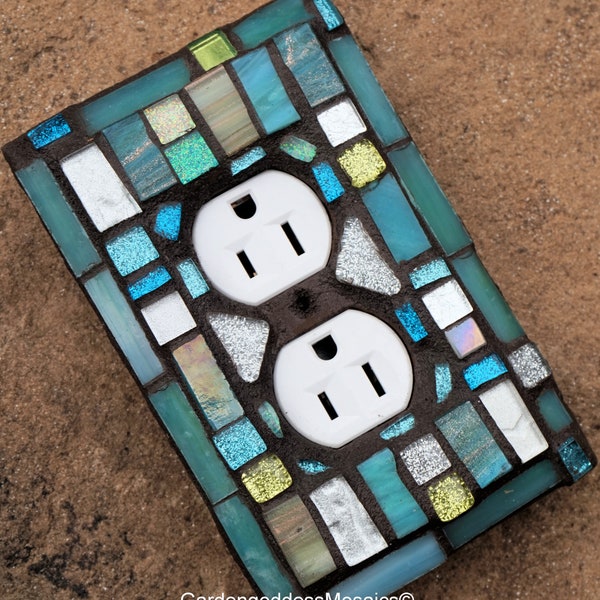 Mosaic Light switch plates wall outlet stained glass ceramic Beach Toggle Rocker cover  turquoise silver ART  Beautiful colors Custom made