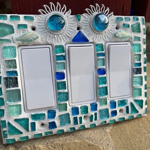 Mosaic light switch plates Sun fish Beach Home Decor stained glass Turquoise art Beautiful colors image 6