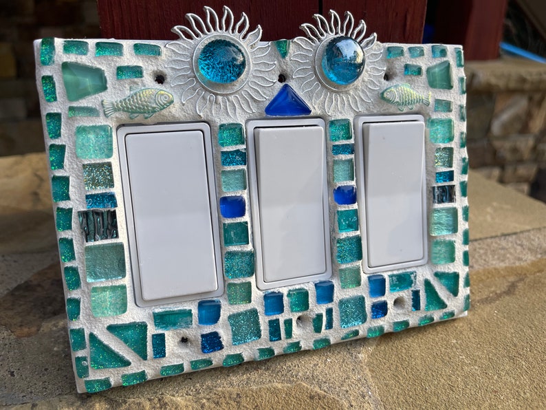 Mosaic light switch plates Sun fish Beach Home Decor stained glass Turquoise art Beautiful colors image 6