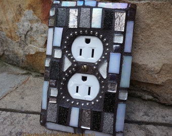 Mosaic light switch plate cover stained glass brown white light outlet Cover CUSTOM ART