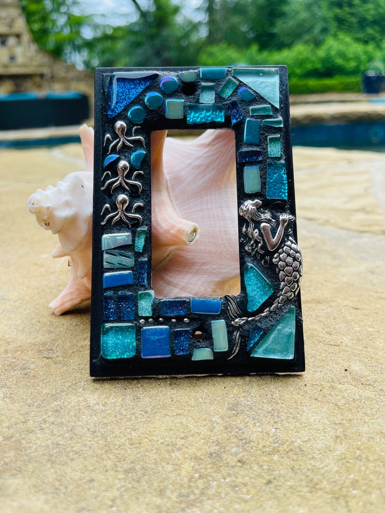 Mosaic Light Switch cover plates Mermaid ROCKER stained glass decor Beach ceramic tiles turquoise mix art image 8
