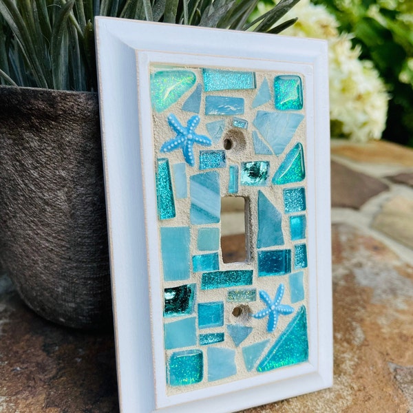 Mosaic light switch plates Star fish Beach Home Decor stained glass Turquoise art Single Toggle   Beautiful colors