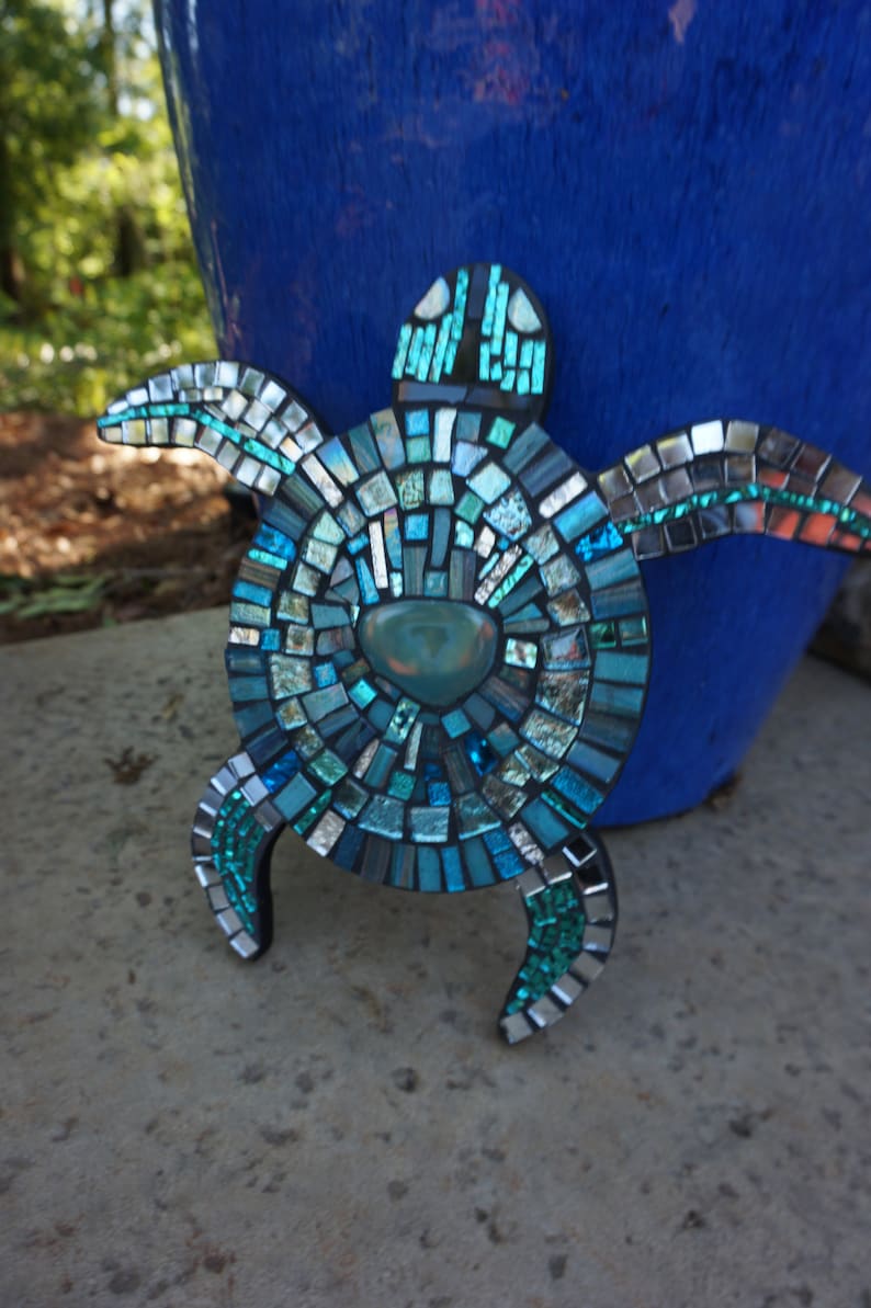 Mosaic Turtle Wall hanging logger head Sea art BLUE stained glass decor mirrored ceramic agate tile CUSTOM Made to Order