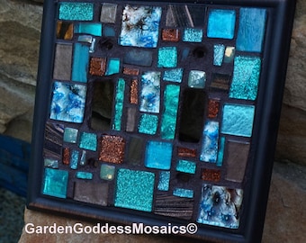Mosaic light switch plates cover stained glass decor brown turquoise art tiles Toggle custom ocean colors ORB metal aged bronze