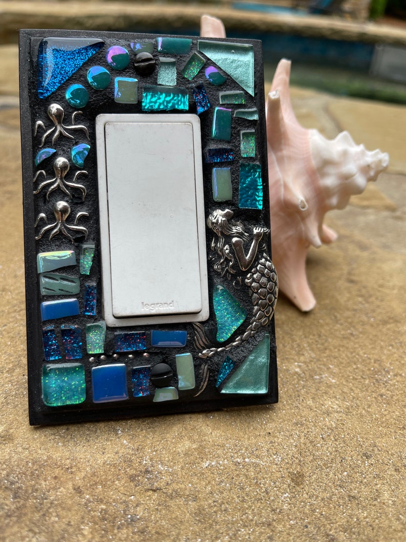 Mosaic Light Switch cover plates Mermaid ROCKER stained glass decor Beach ceramic tiles turquoise mix art image 4