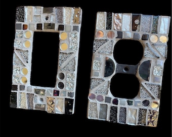 Handmade Mosaic Light Switch Cover: Stained Glass Art Tiles, Silver Grey Blend