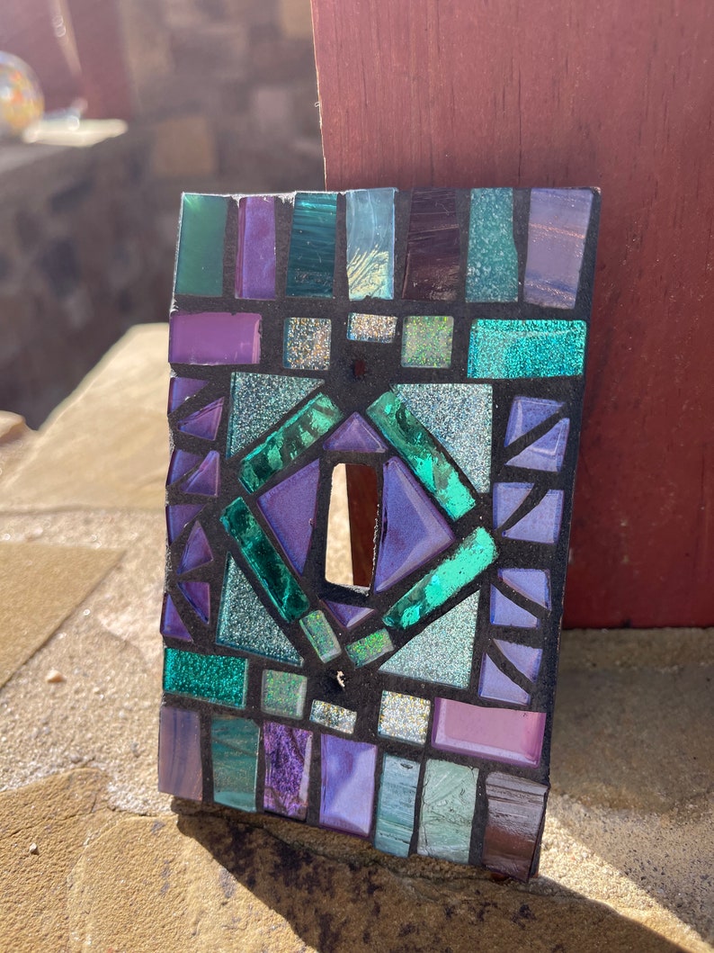 Mosaic light switch plate cover stained glass purple teal blues CUSTOM ART image 3